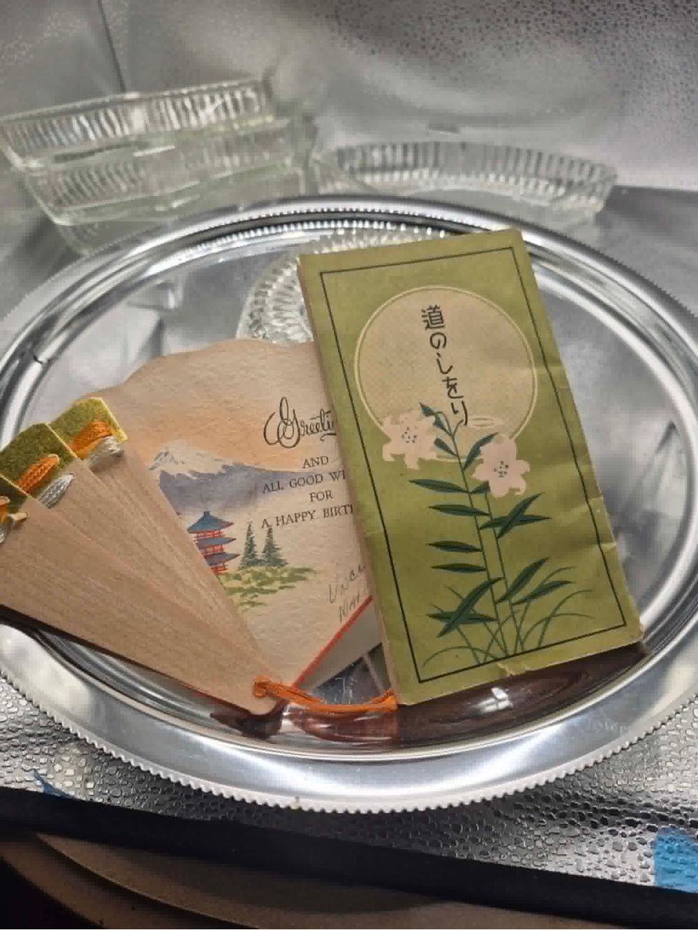 Original Japanese Souvenirs Occupied Japan - Teak Fan, Greeting Card, Guide Book